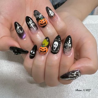 光るハロウィンブラックマグネットニュアンスネイル お化け かぼちゃ 秋 黒 光るハロウィンブラックマグネットニュアンスネイル お化け かぼちゃ