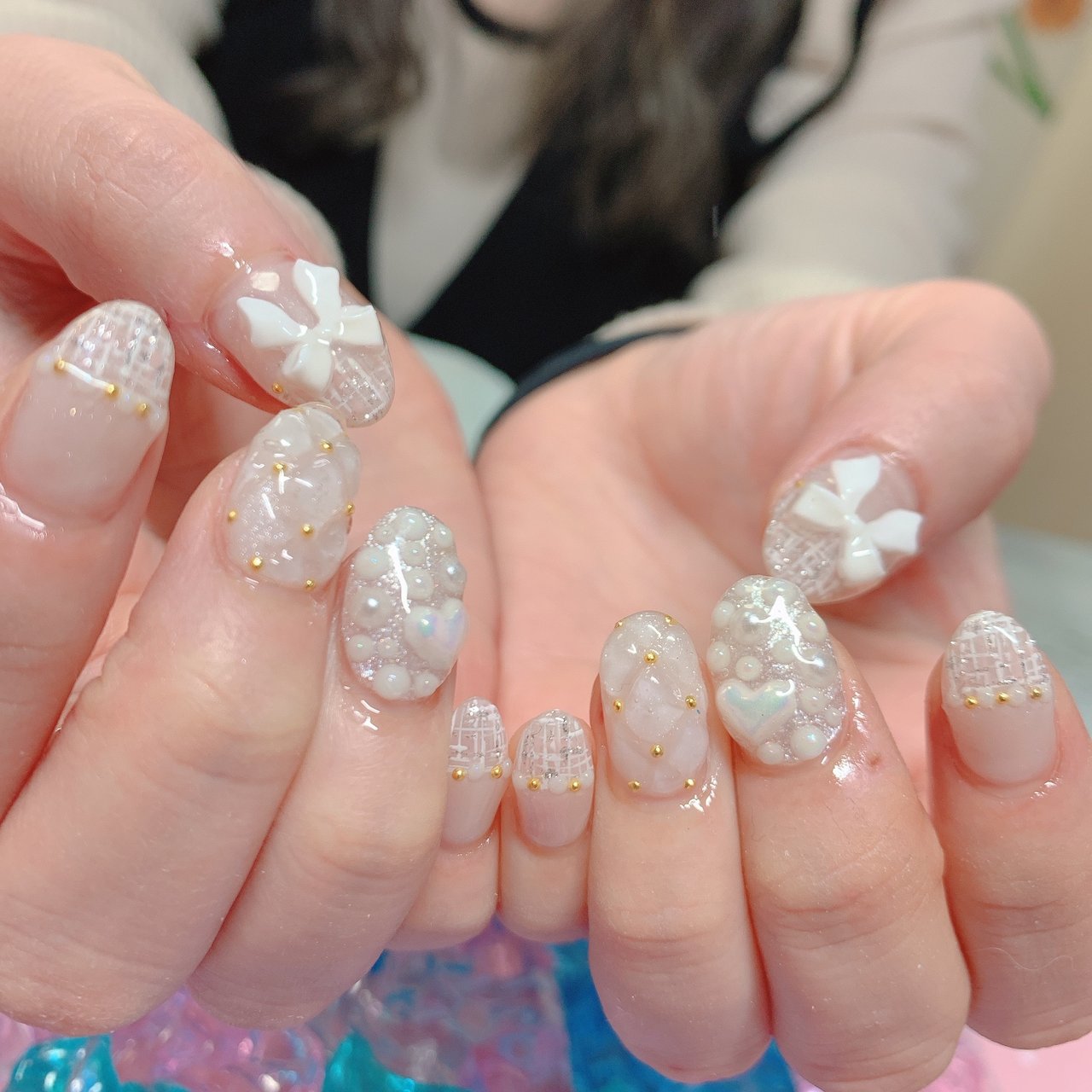 009 】 ツイード・キルティングネイル｜ブルー×ホワイトネイル 冬