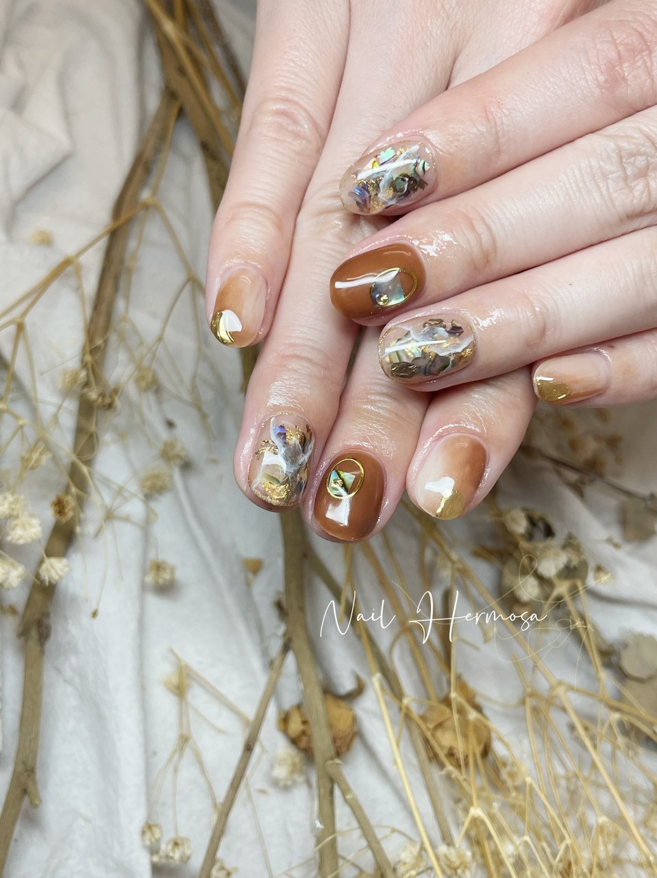 ハンド オレンジ ブラウン ジェルネイル お客様 Nail Heromosaのネイルデザイン No ネイルブック
