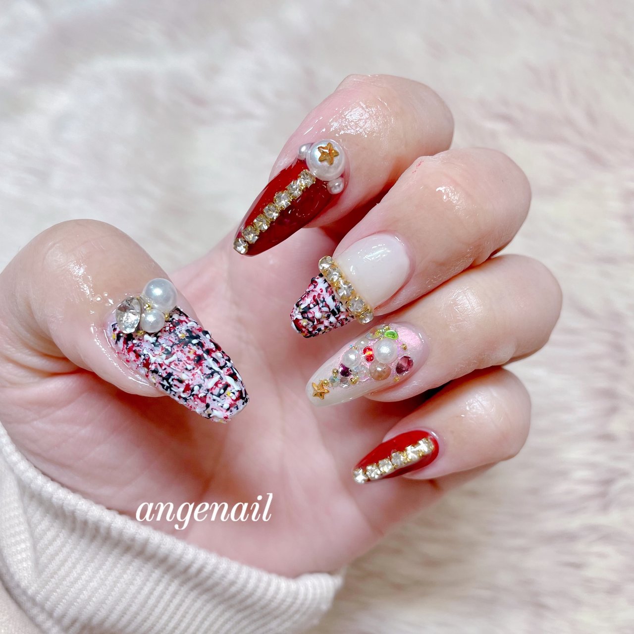 クリスマスネイルチップ ツリーネイル リースネイル ツイードネイル