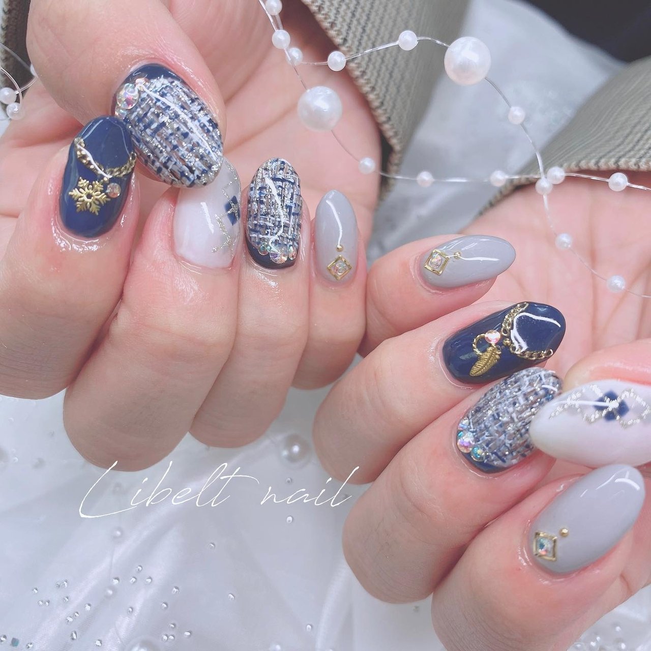 冬/ツイード/アーガイル/キラキラ/ブルー - satomiのネイルデザイン[No