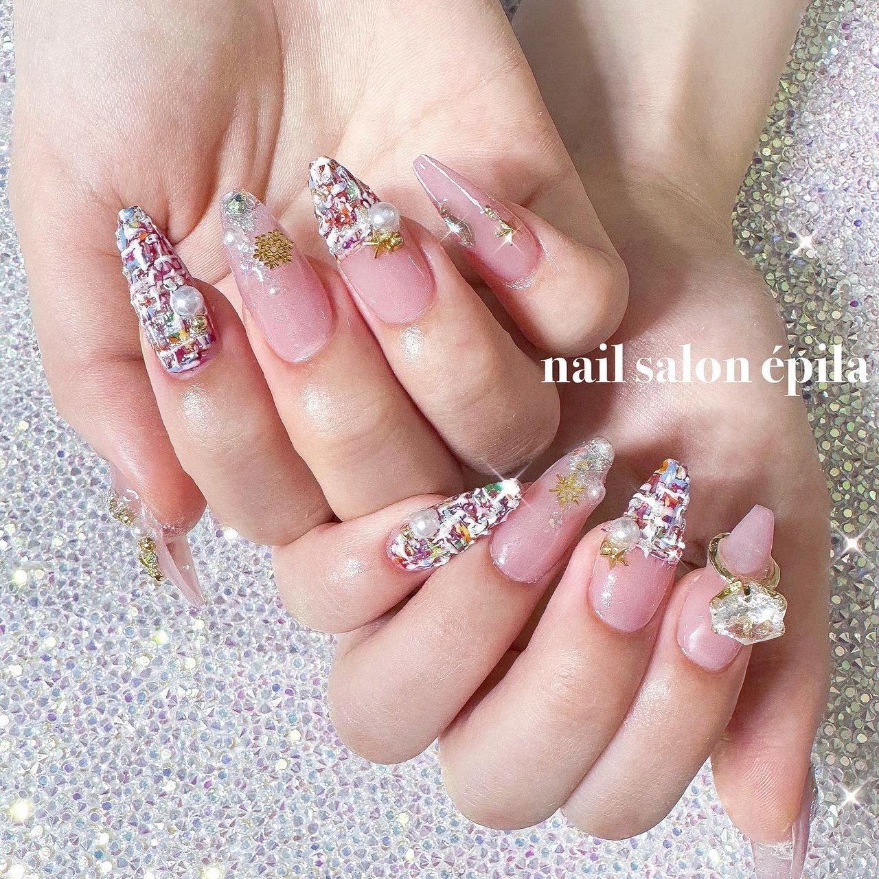 冬 クリスマス フット ビジュー ツイード 大阪南森町キラキラ派手ネイル専門店 Epila Nail のネイルデザイン No ネイルブック