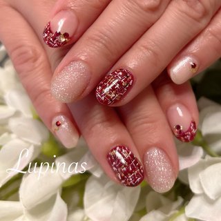 ネイル ネイルチップオーダー ツイード 白 ホワイト バレンタイン 冬