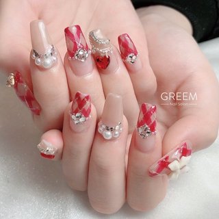 ♡オーダーネイル♡チェックハート×編み上げリボン×ビジューネイル