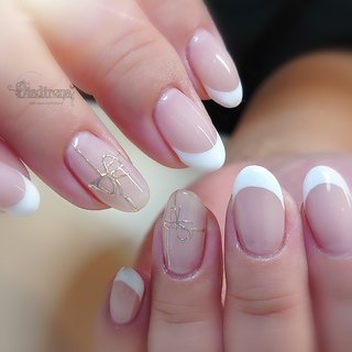 68))リボンネイル グラデーション ミラー ネイルチップ フレンチ