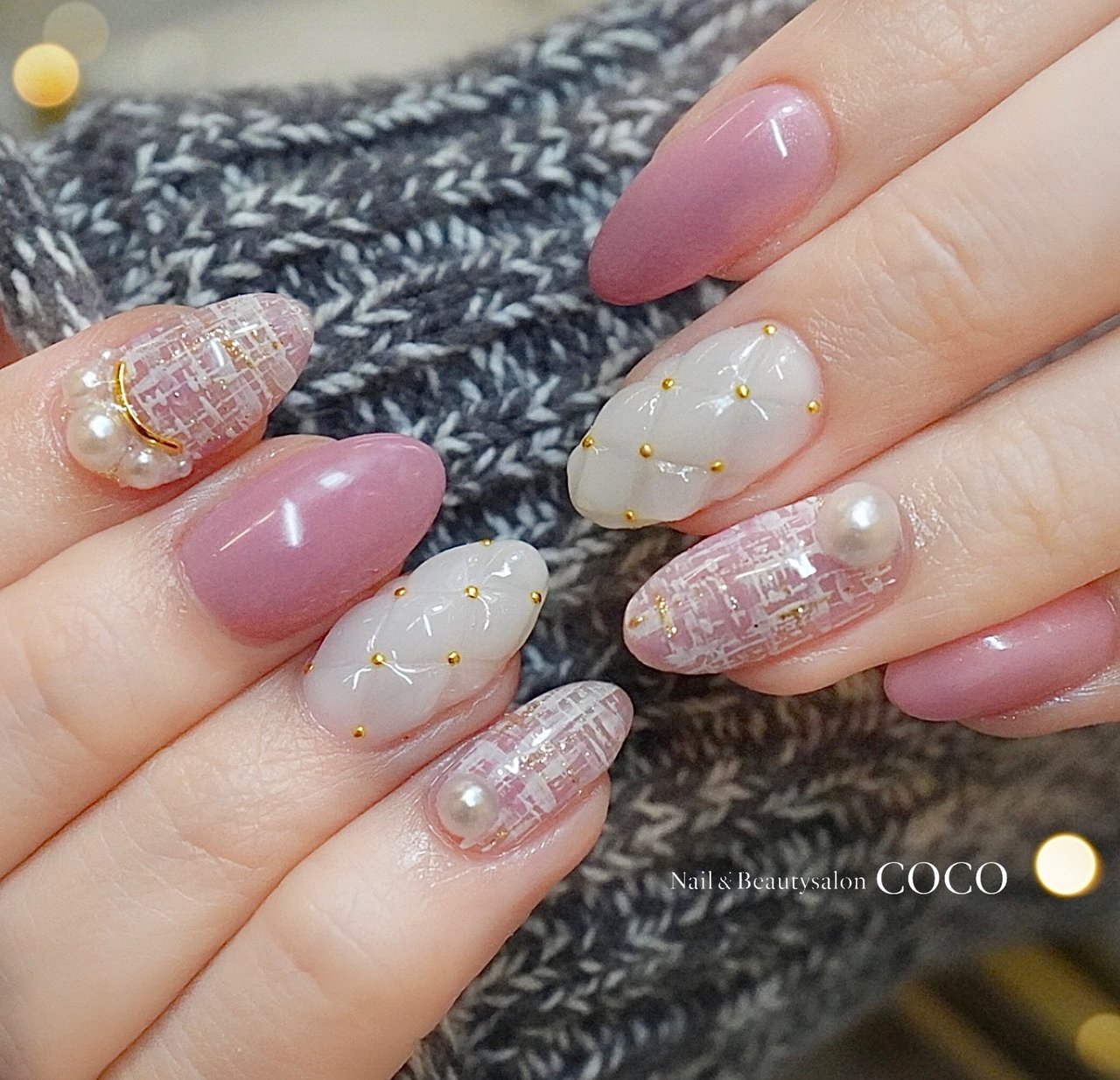 ツイード/キルティング/ホワイト/ピンク/ゴールド - nail&beautysalon