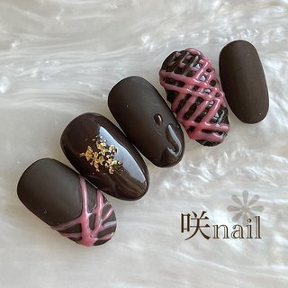 341】紗々チョコネイル ハート ネイルチップ バレンタイン レッドブラウン