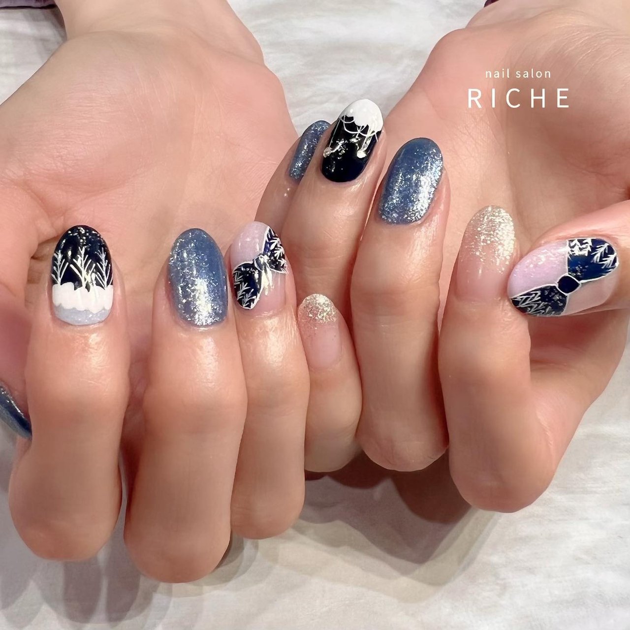 冬 ハンド リボン ミディアム オーバル Nailsalon Richeのネイルデザイン No ネイルブック