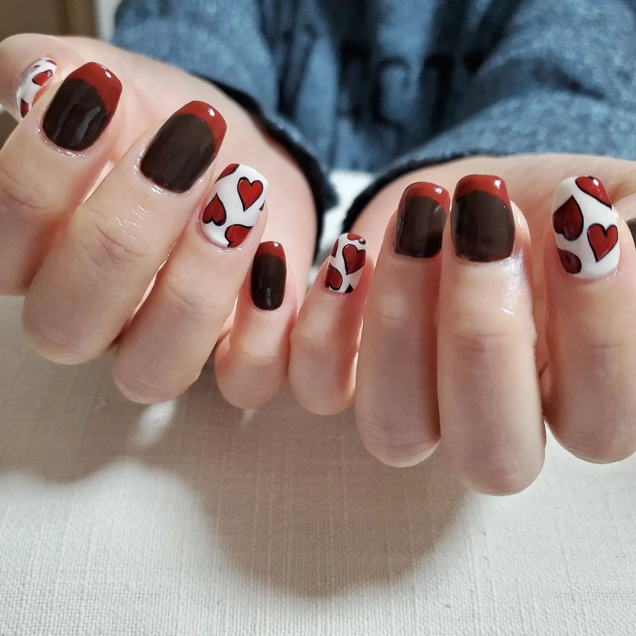 No.045】バレンタインネイルチップ♡ハート♡赤ネイル♡ブラウン