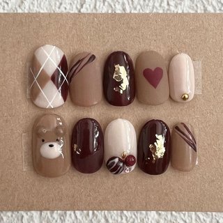 着画あり】くまネイルアーガイル柄ネイル癒しネイルシンプルネイル