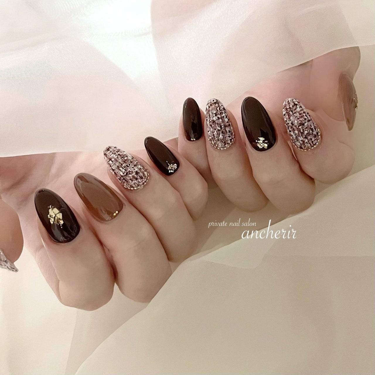 秋/冬/バレンタイン/ハンド/ツイード - ancherirのネイルデザイン[No