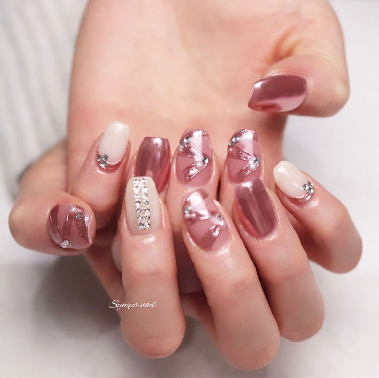 ミラー/リボン/ピンク - Sympa nailのネイルデザイン[No.7884088