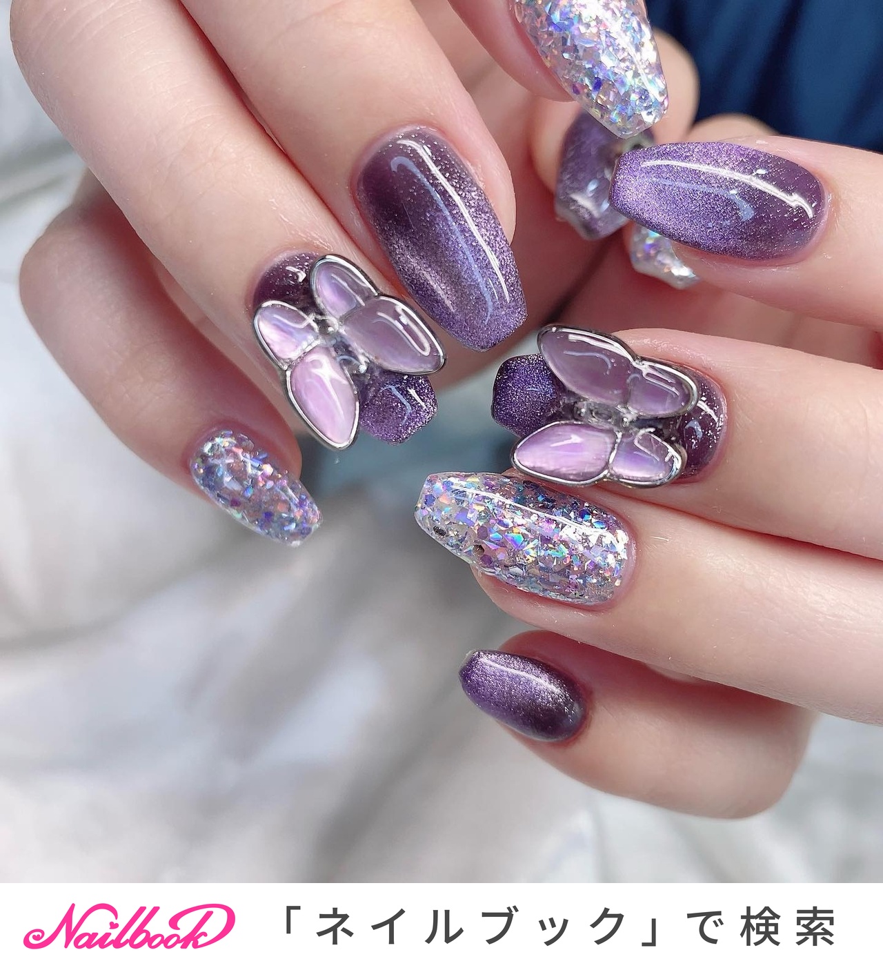 ネイルチップ 韓国 ワンホン 紫 マグネット ビジュー キラキラ グラデ-