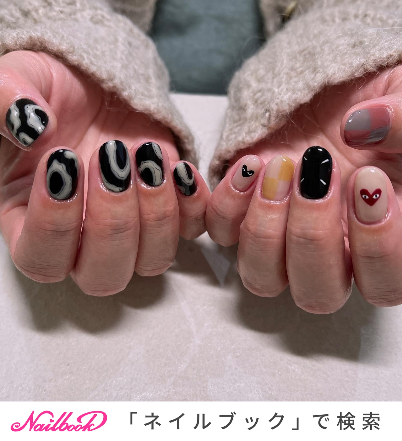 入学式/ハート/ニュアンス/個性派/モノトーン - pom nailのネイル