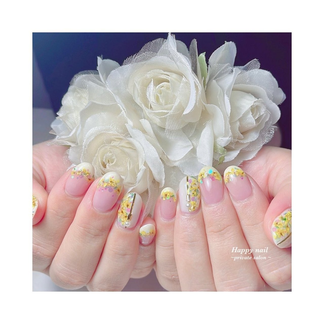 フレンチ/押し花/イエロー - happy_nailのネイルデザイン[No.7971787 
