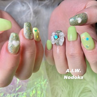 ネイルチップ 量産型 ガーリー ツイード 黄緑 コンサート 推しネイル
