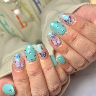 #定額ネイル#ちょうちょネイル#蝶 #いわき市ネイルサロン #いわき市ネイル #ナナニーサンネイル #アンファミーユ #春 #オールシーズン #ハンド #ミディアム #オーバル #ターコイズ #ジェルネイル #お客様 #723nail #ネイルブック