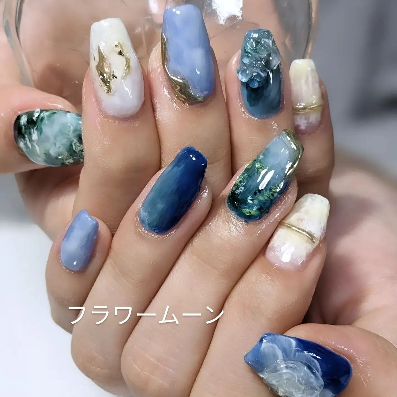 フラワー/ミラー/絵画/ホワイト/ブルー - flowermoon_emiのネイル