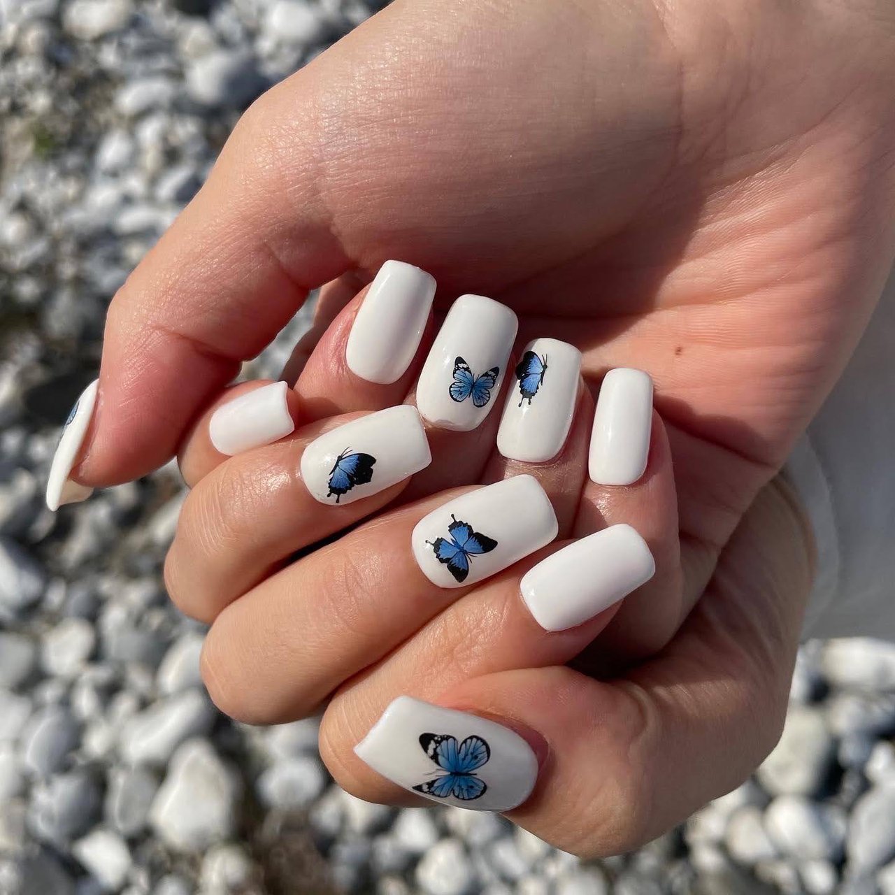 オーダー専】 浴衣 花柄 ネイルチップ 水色 淡色 青 ブルー 蝶々 和 夏
