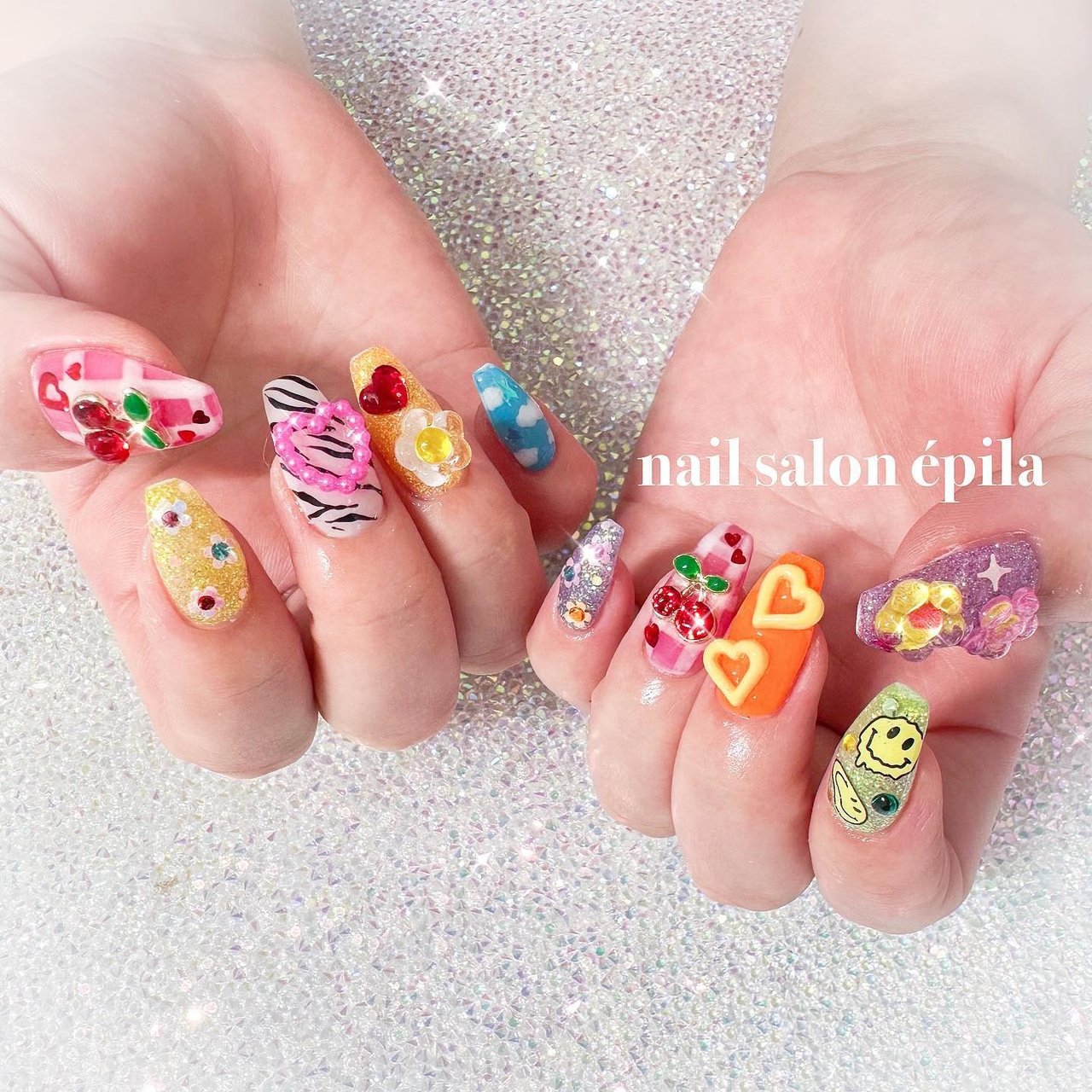 春/ビジュー/キラキラ/ワンホン/韓国 - 大阪南森町キラキラ派手ネイル