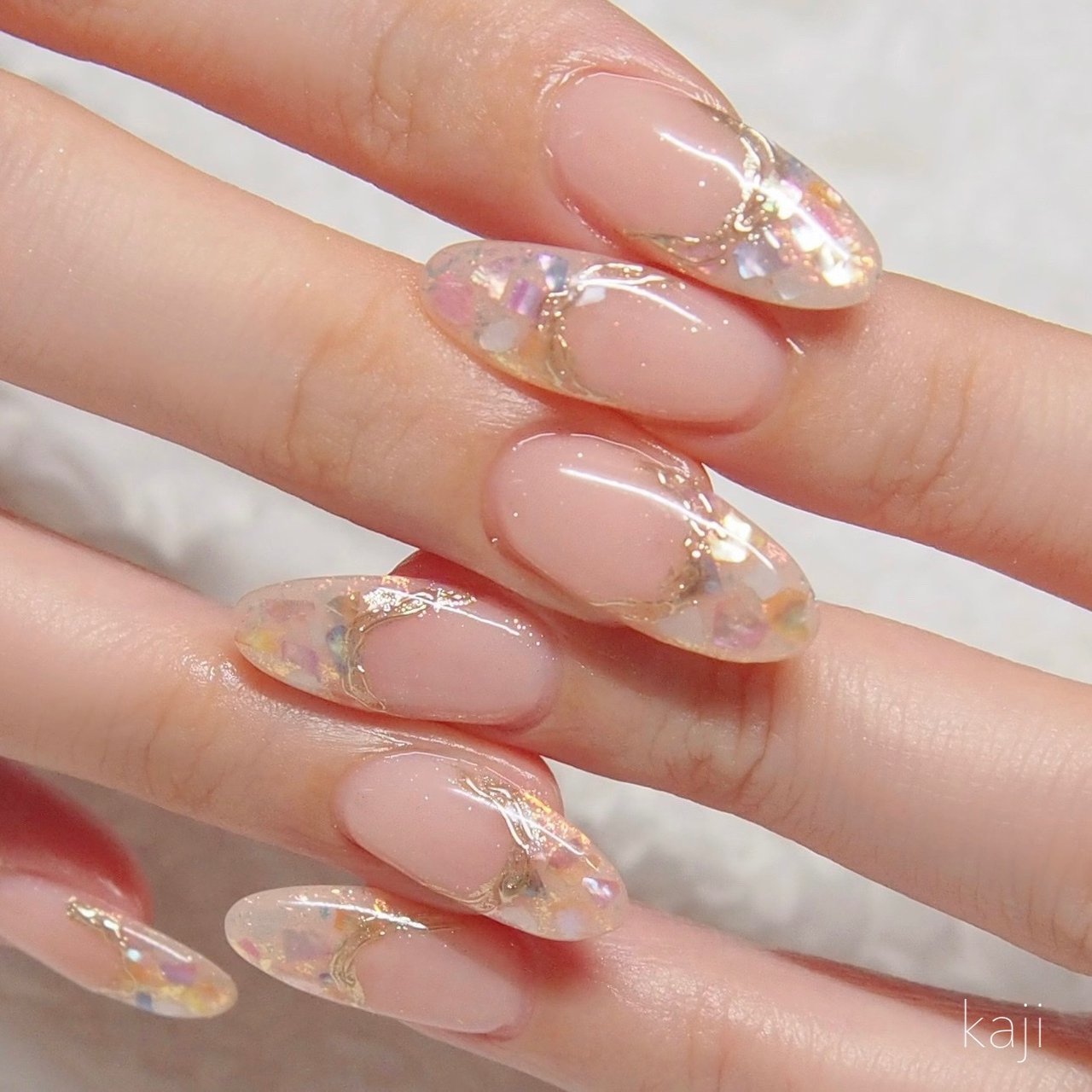 オーロラ ネイルチップ ニュアンスぷっくりちゅるん夏波模様フラッシュ