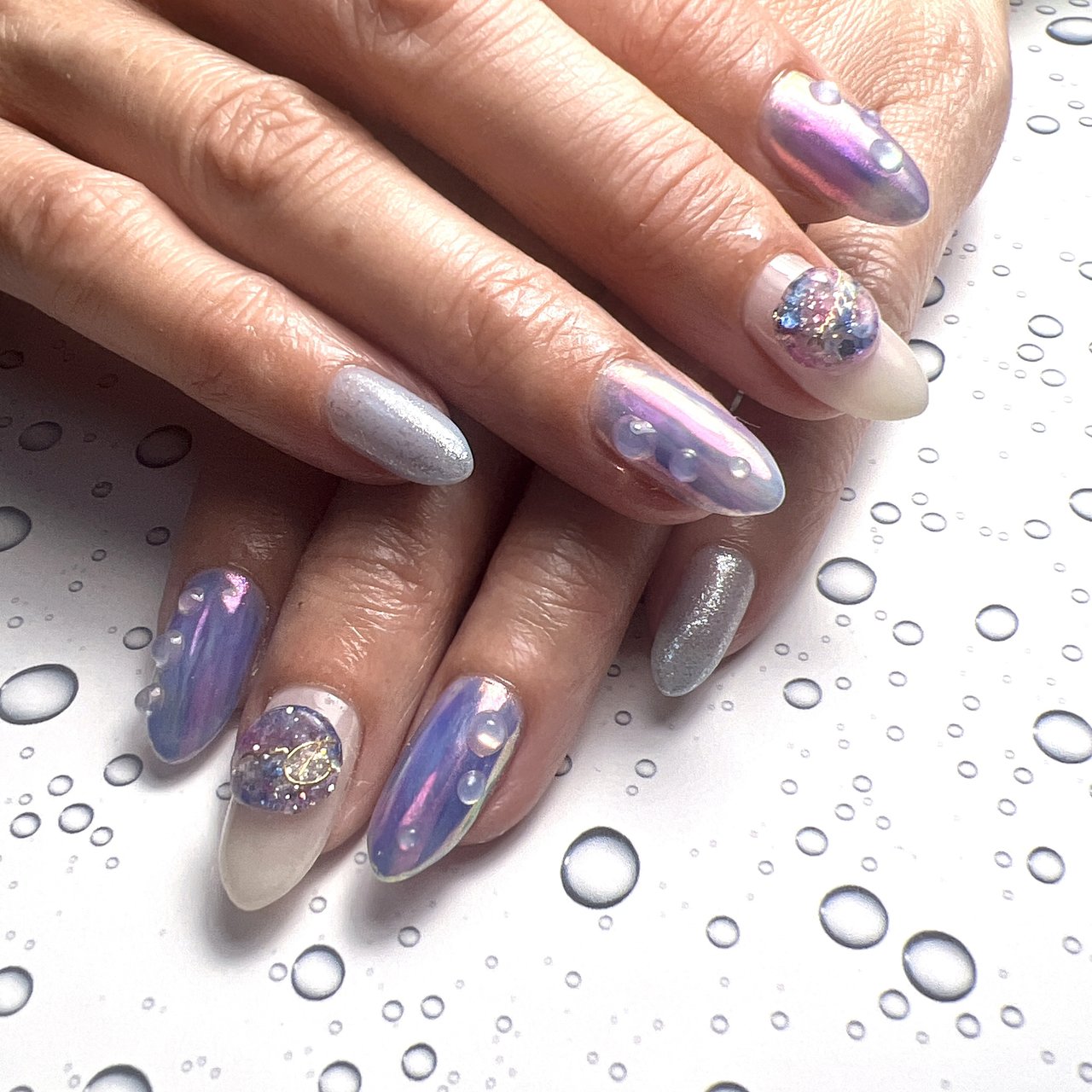ネイルチップ紫陽花梅雨3Dてるてる坊主ニュアンスオーロラ985 ネイルチップ紫陽花梅雨3Dてるてる坊主ニュアンスオーロラ985
