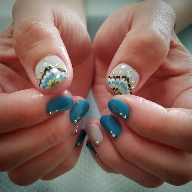 ピーコック エスニック ショート イエロー ネイビー Msnail123の