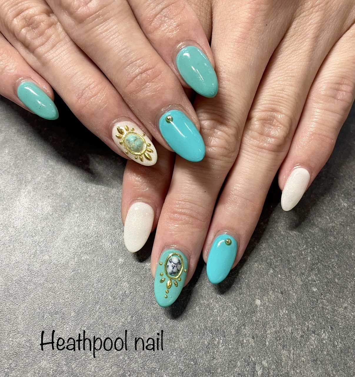 ハンド/シンプル/大理石/ホワイト/ターコイズ - heathpoolnailのネイル