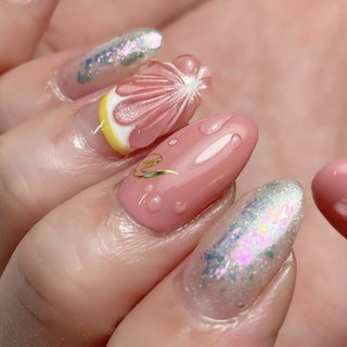 ネイルチップオーダー フルーツネイル ピンクグレープフルーツ 個性派