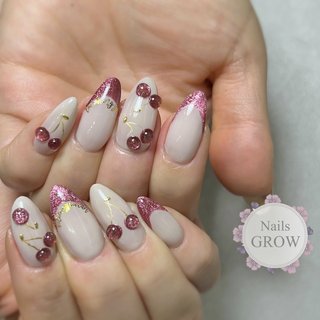 オーダー】ネイルチップさくらんぼフレンチネイル韓国ワンホン手書きハート