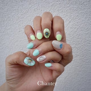 #太陽ネイル #夏 #旅行 #海 #リゾート #ハンド #フレンチ #アイシング #ショート #スクエア #グリーン #ターコイズ #パステル #ジェルネイル #お客様 #chanter #ネイルブック