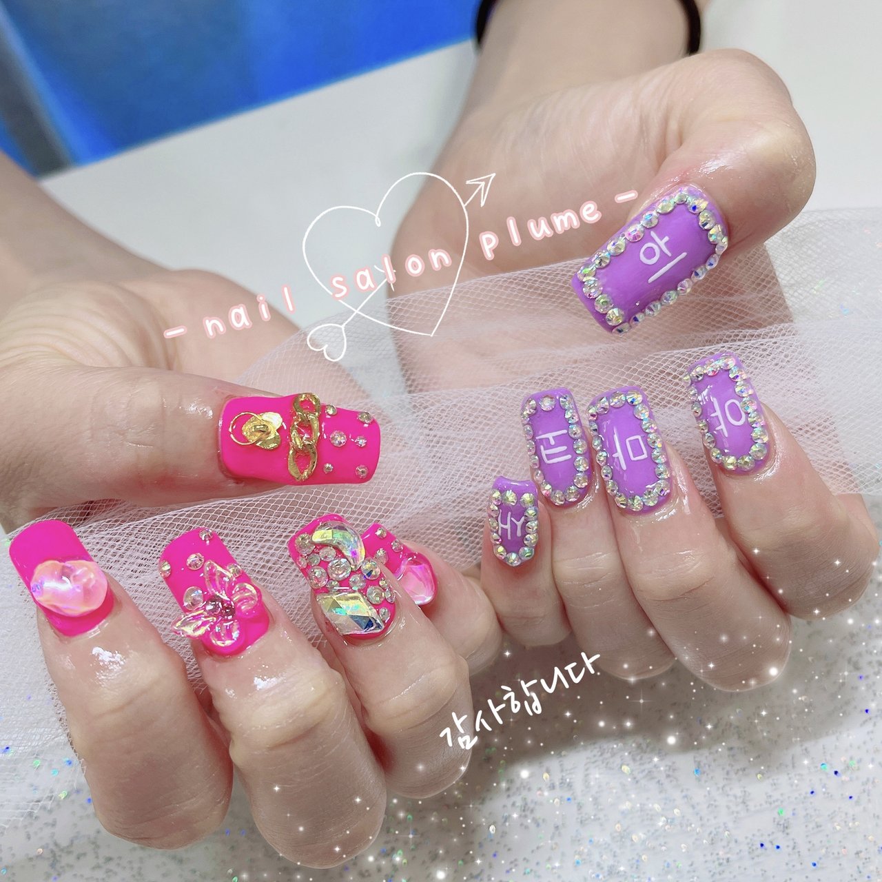 紫ラメネイルチップハートビジュー推しライブなまえ