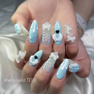 ネイルチップ 韓国 フレンチ ワンホン 量産型 シンプル 地雷 リボン 青