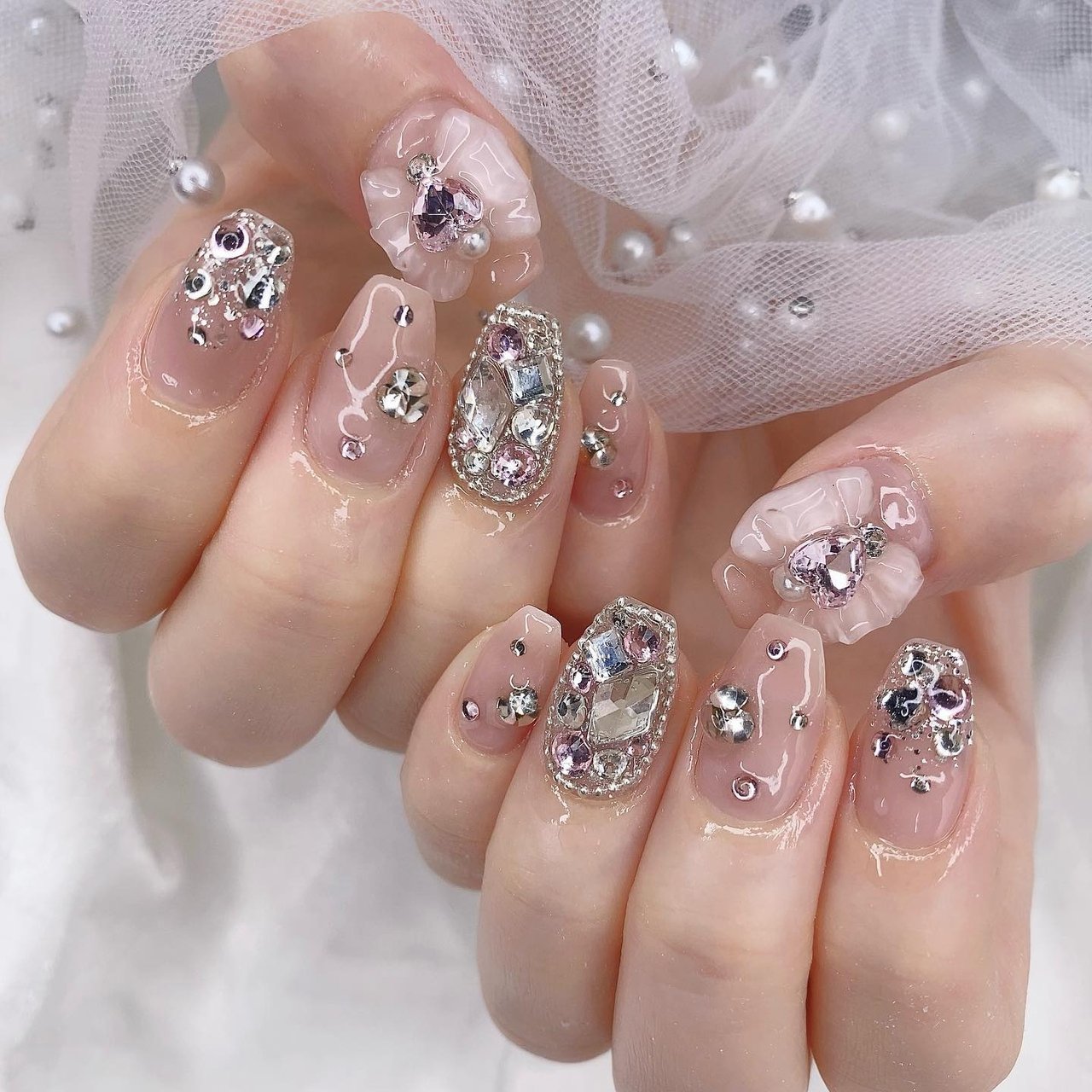 ラメ/パール/リボン/キラキラ/ワンホン - かおるのネイルデザイン[No