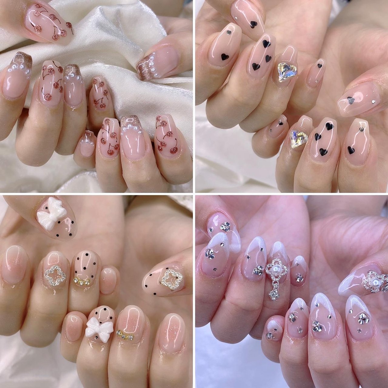 【オーダー】ネイルチップ　さくらんぼ　フレンチネイル　韓国ワンホン　手書きハート オーダー】ネイルチップさくらんぼフレンチネイル韓国ワンホン