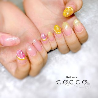ネイルチップオーダー フルーツネイル ピンクグレープフルーツ 個性派 夏 ネイルチップオーダー フルーツネイル ピンクグレープフルーツ
