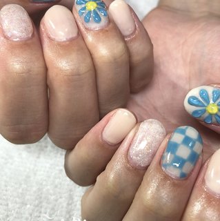 #ぷっくりフラワーネイル #ぷっくり #ぷっくりフラワー #シアー #シアーカラー #可愛いネイル #ラメネイル #市松模様 #ブルー #~Ri re ru＊ Nail~ リレル ネイル #ネイルブック