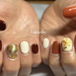 オレンジ/#シェル埋め尽くしのネイルデザイン｜ネイルブック 