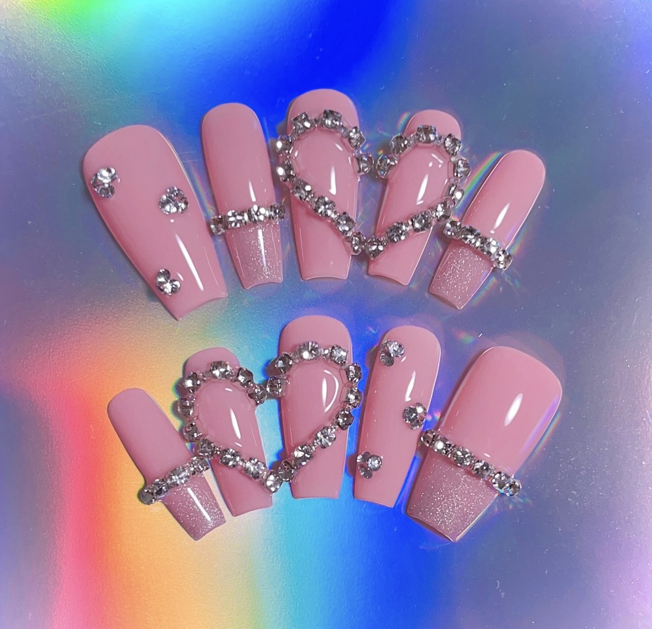 pink heart gem press on nails