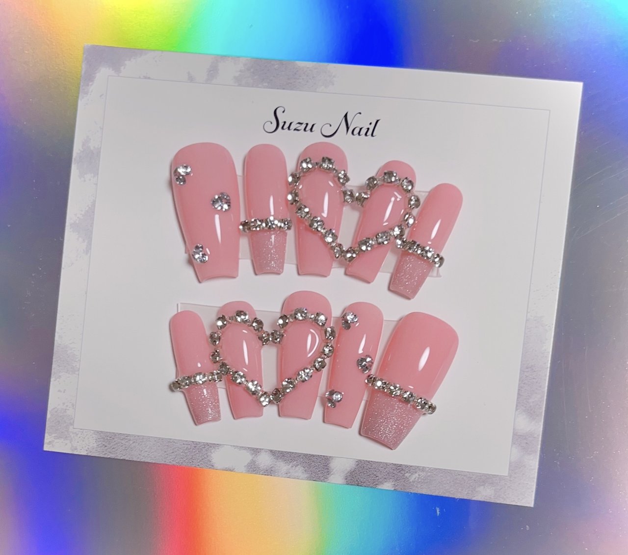 pink heart gem press on nails