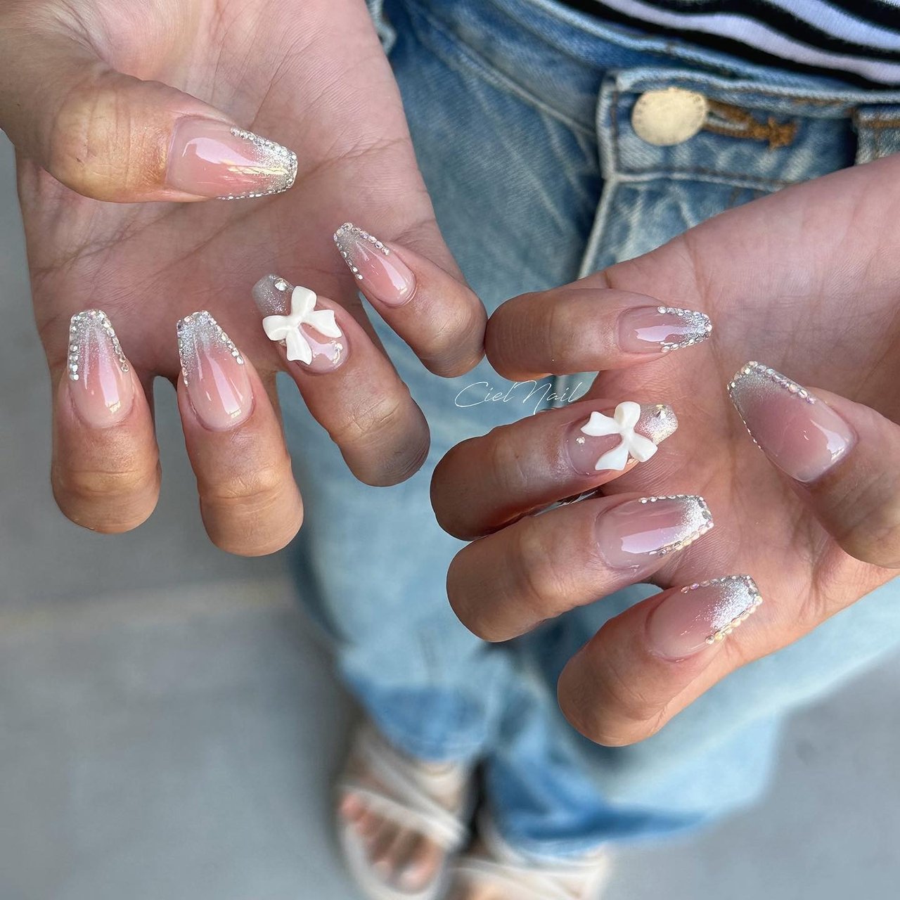 ネイルチップ ワンホン リボン ビジュー マグネット ♡ネイルチップ♡ リボン ピンク マグネット ワンホン 夏ネイル