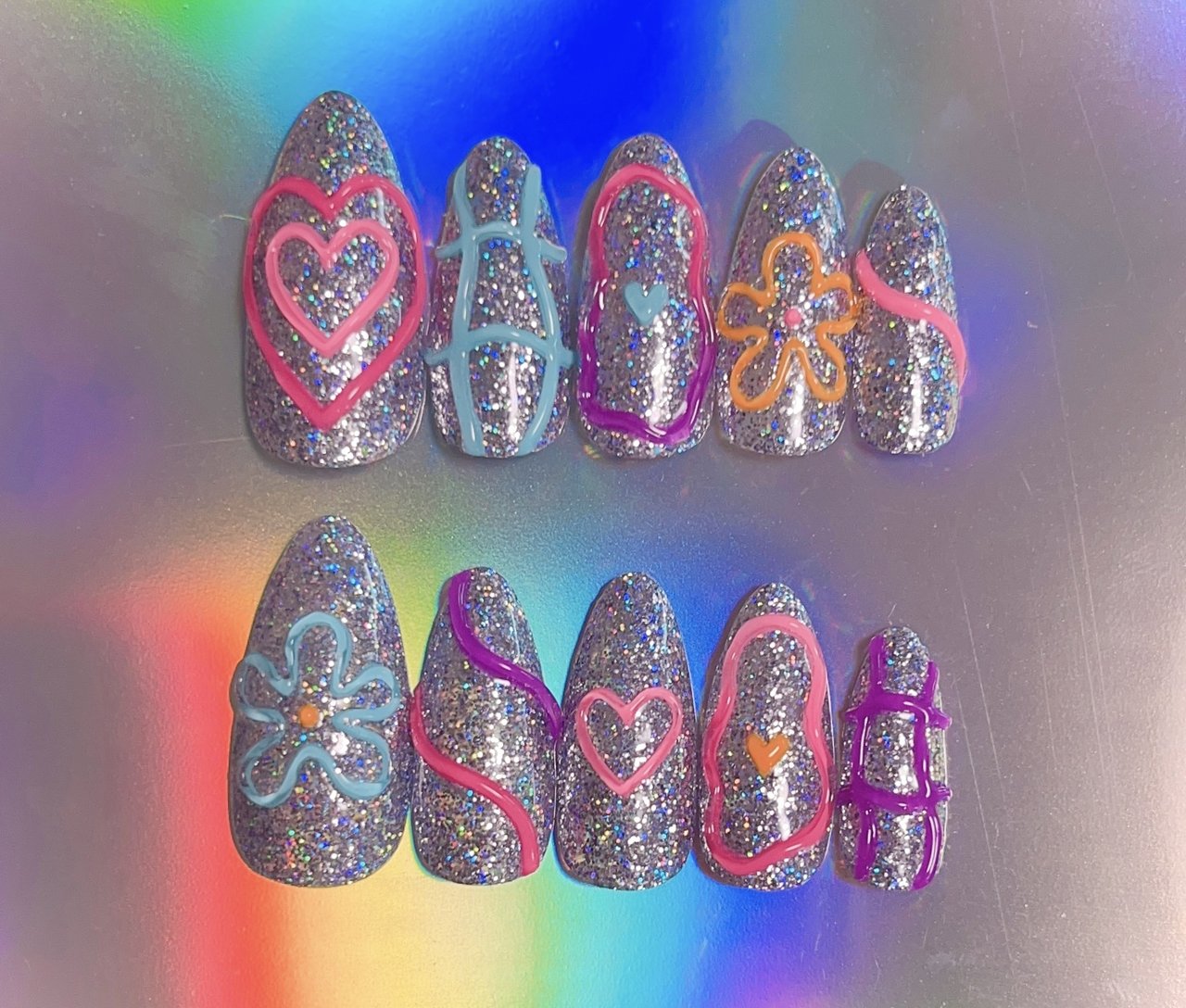 ［04］ネイルチップ ぷっくりネイル ミラーネイル 癖ネイル 個性派 オーダー ʚ✞ɞ˚˙ 自分の爪用∗*ﾟ ✼ ••┈┈••🎀••┈┈•• ✼ #chronoir