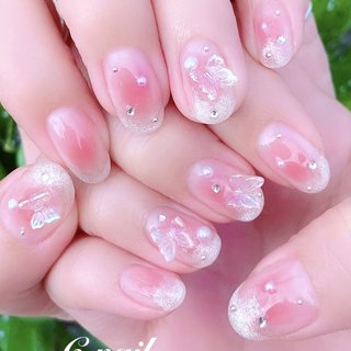 ピンクブルーワンホンニュアンスネイル オーロラ 韓国 ビジュー ハート 蝶々 冬 ピンクブルーワンホンニュアンスネイル オーロラ 韓国 ビジュー ハート