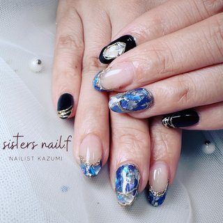 くすみブルーマグネットニュアンスネイル シェル埋めつくし オーロラ