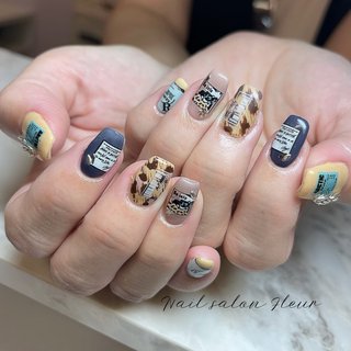  #秋 #ハンド #レオパード #ミディアム #スクエア #ベージュ #イエロー #ネイビー #ジェルネイル #お客様 #Nail Fleur_Maki.Futsuki #ネイルブック