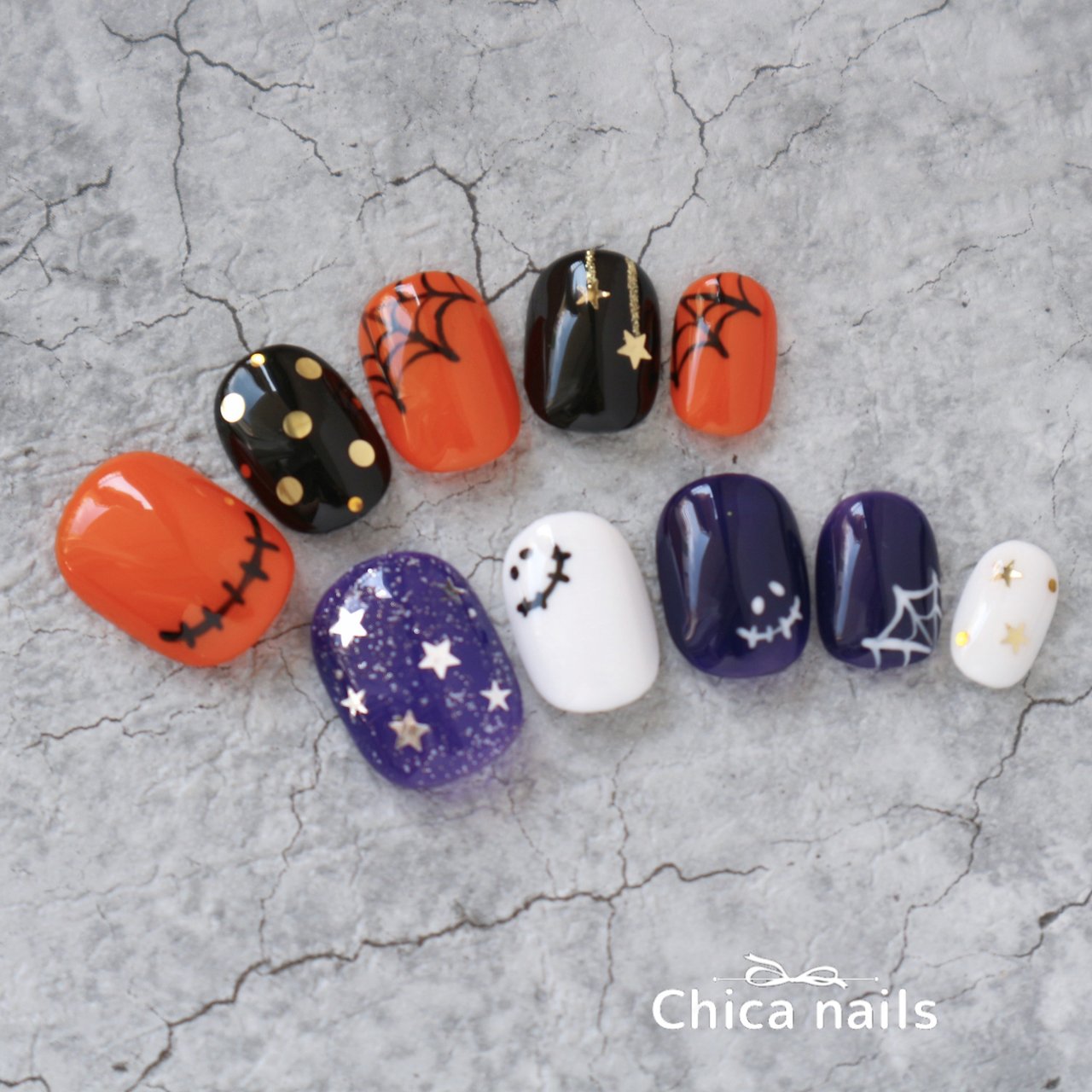 No.339 ネイルチップ オレンジ キラキラ ちゅるん 星 秋 ハロウィン