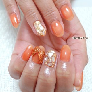 シェル/リボン/オレンジのネイルデザイン｜ネイルブック 