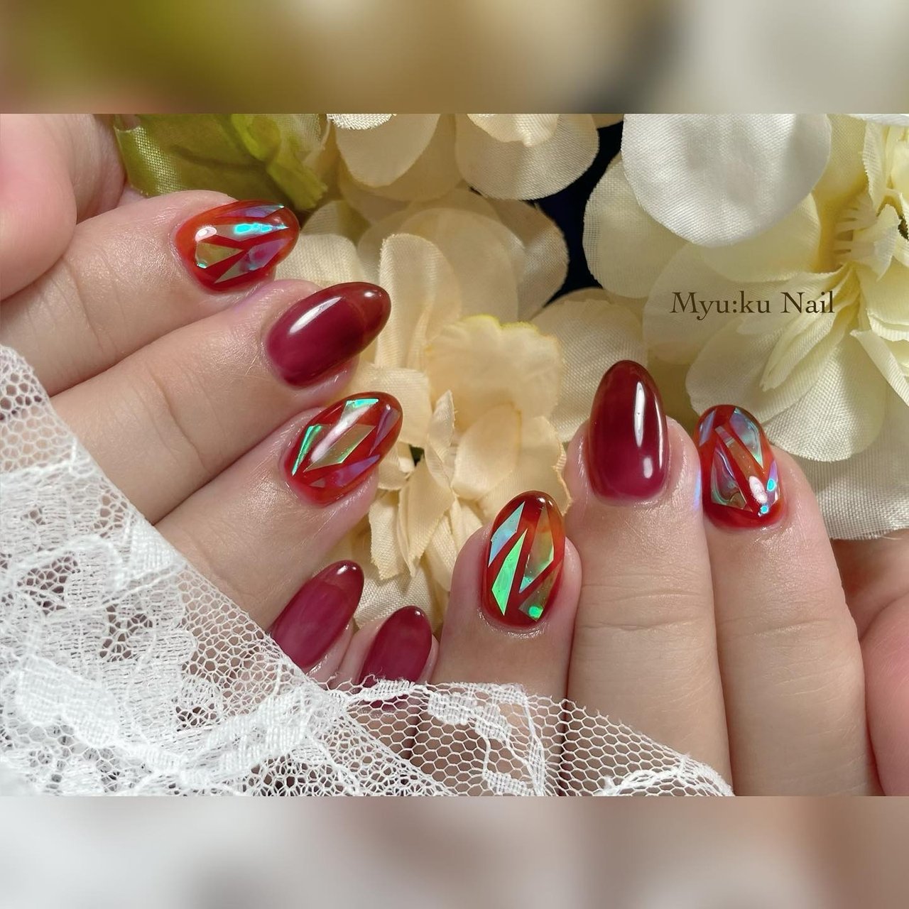秋/オーロラフィルム/レッド/ボルドー - Myu:ku Nailのネイルデザイン  