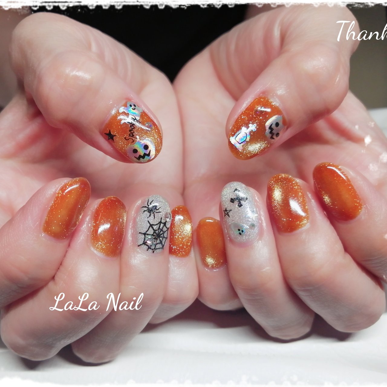 No.339 ネイルチップ オレンジ キラキラ ちゅるん 星 秋 ハロウィン No