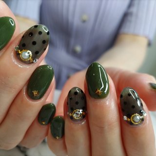 315】オーダー❉マスタード 秋色 カーキ 大人可愛い ドットネイル